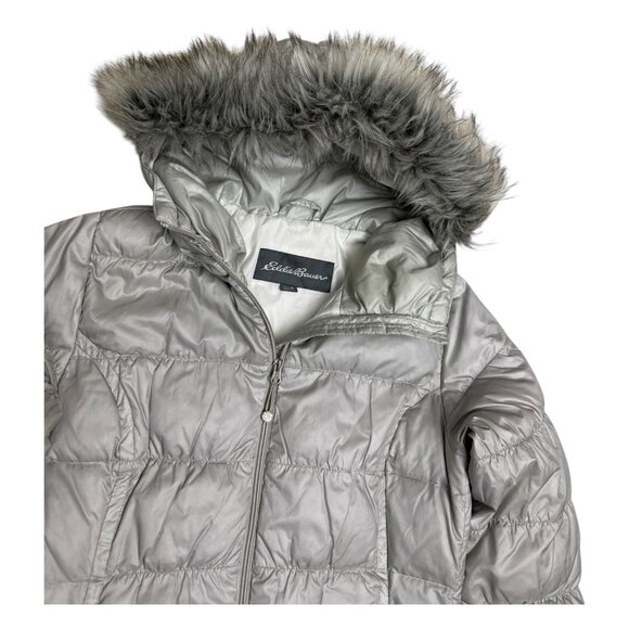 EDDIE BAUER Goose Down Silver Faux Fur Winter Puffer Parka Coat Jacket Womens S - Picture 3 of 8